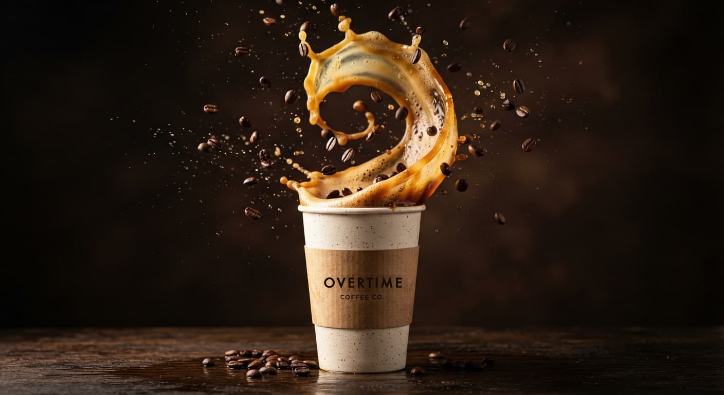 An Overtime takeaway cup with coffee splashing upward around it