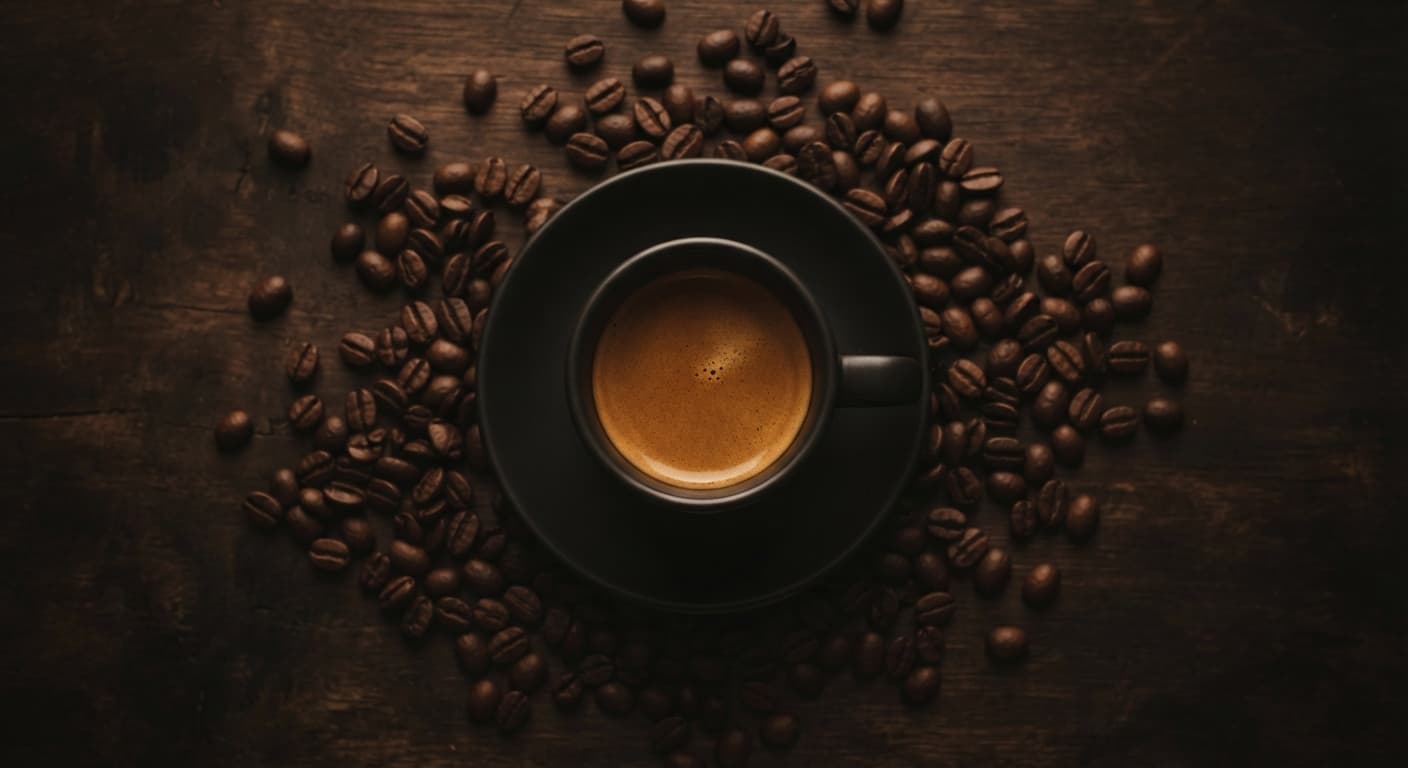An espresso cup seen from above, surrounded by roasted coffee beans