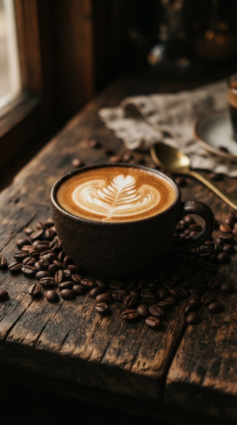 A latte with rosetta art on a wooden table surrounded by roasted beans
