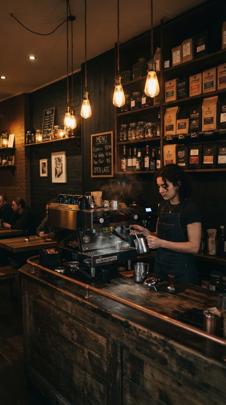 The Overtime bar at night, espresso machine lit by pendant lights