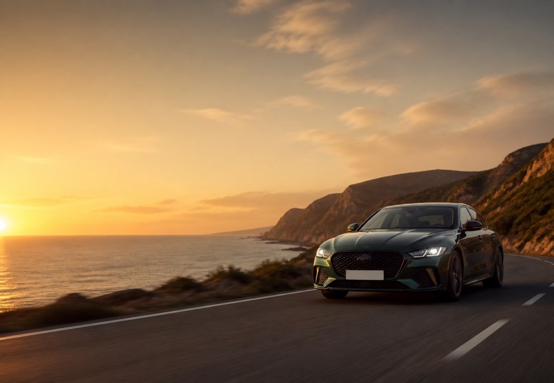 Dark green sports saloon on a coastal road