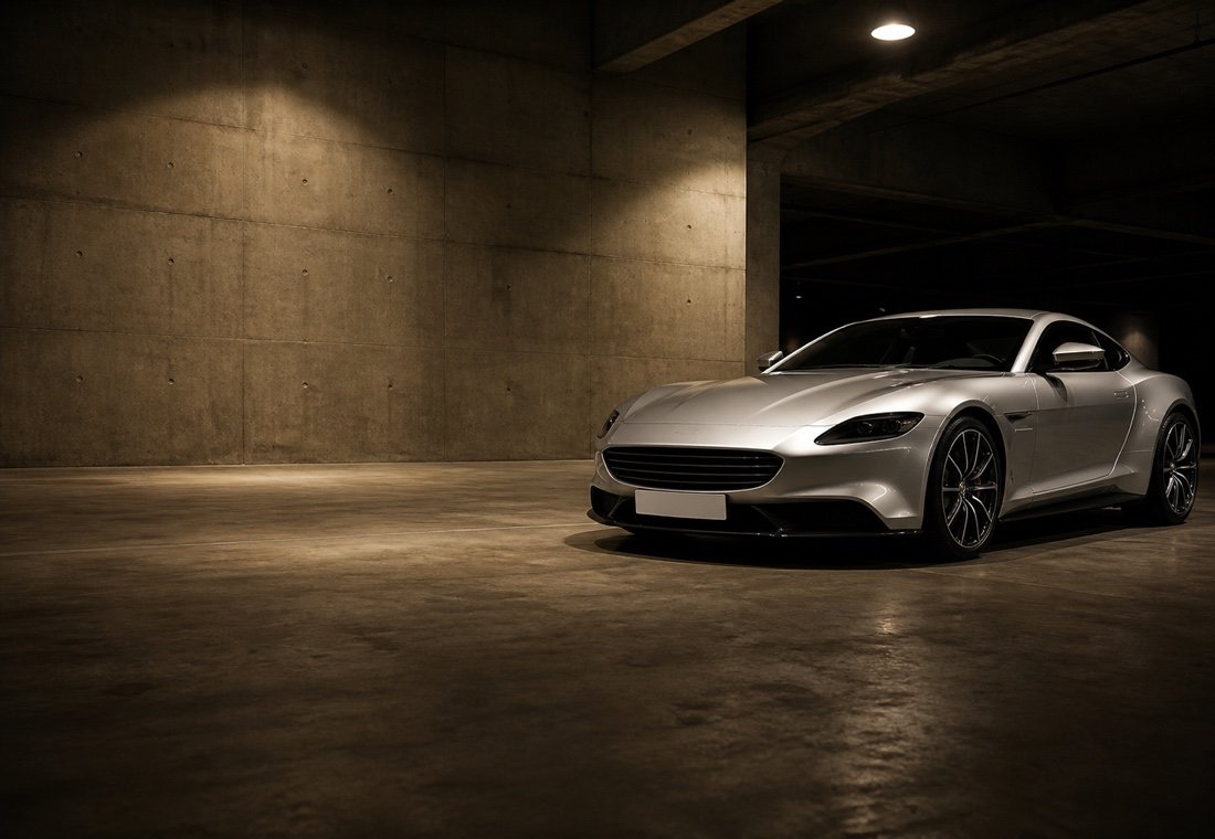 Silver grand tourer in a concrete car park